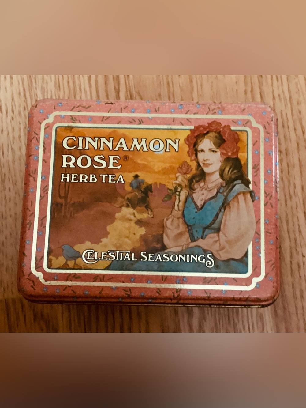 Vintage Celestial Seasonings Tea Tin Cinnamon Rose Herb Tea 1983